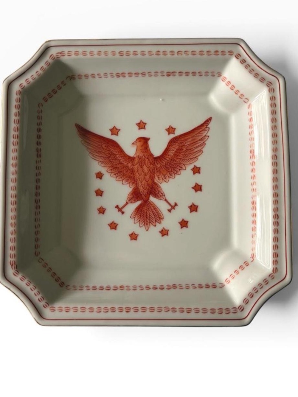 Ethan Allen Cream Ceramic Serving Tray Plate with Orange Red Eagle Motif
